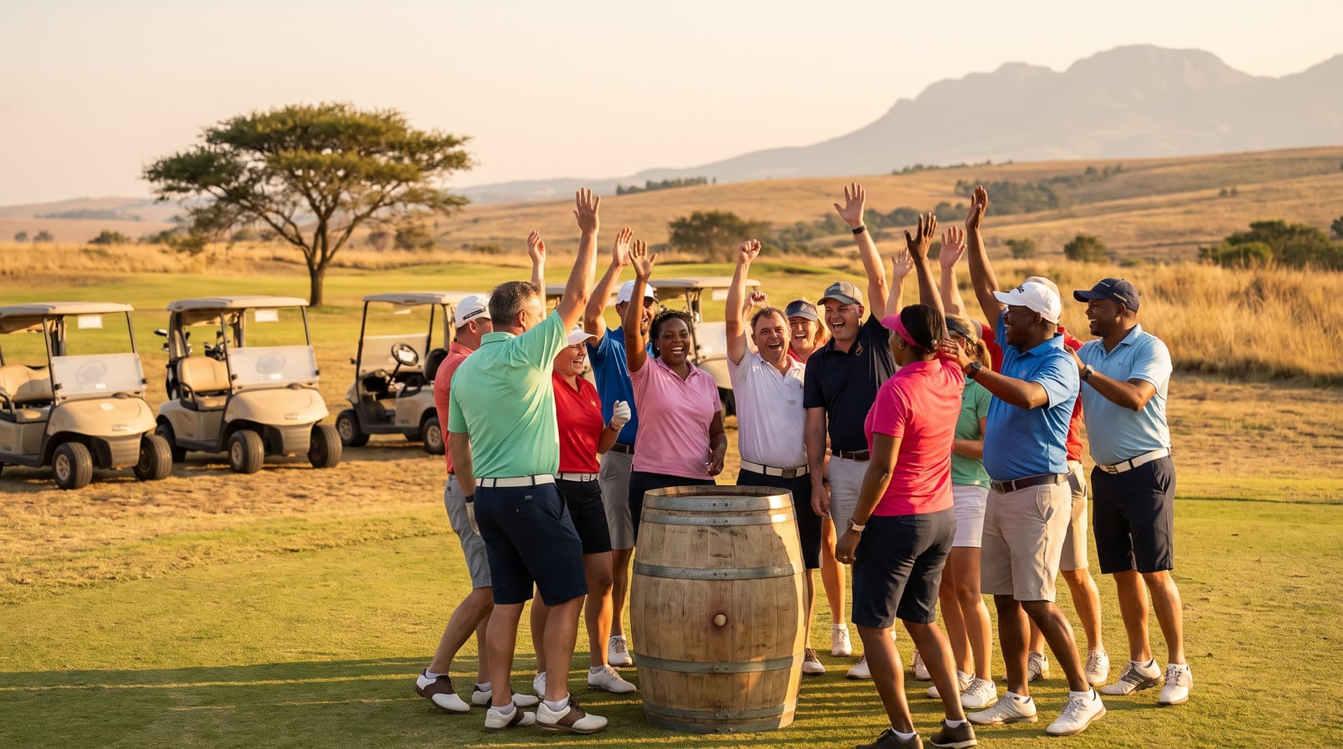 Golf day players celebrating around the barrel